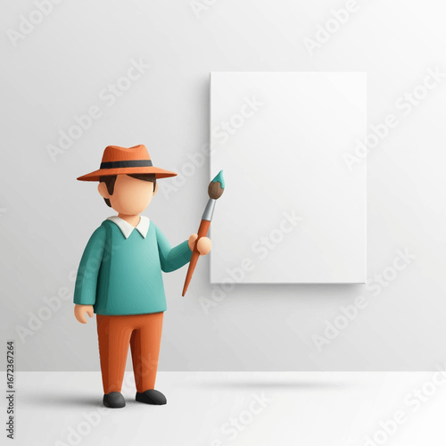 Cartoon artist with brush stands before blank canvas in studio.