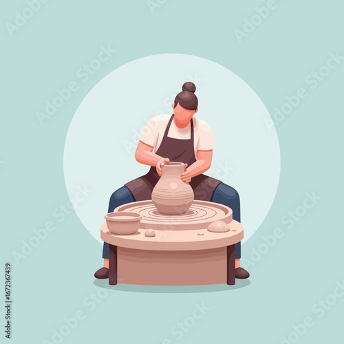 Person working on a pottery wheel creating a clay vessel.