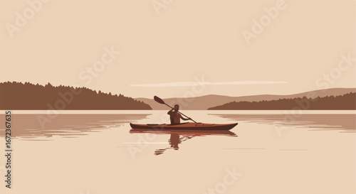 Paddling Kayak on Lake Surrounded by Forest and Mountains
