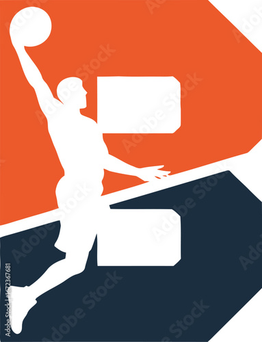 Dynamic basketball player silhouette in action against bold orange and navy letter b design