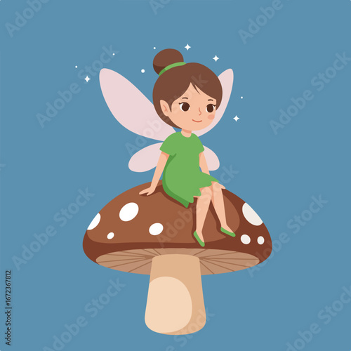 Cartoon Fairy Sitting on a Mushroom in Fantasy Land