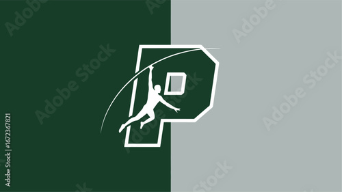 Athletic silhouette pole vaulting over large letter p representing school sports team pride