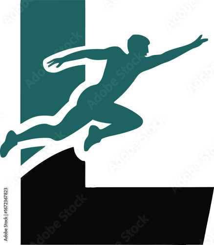 Superhero leaping over block letter l dynamic action silhouette teal and black