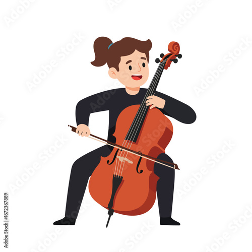 Girl Plays Cello, Isolated on White Background