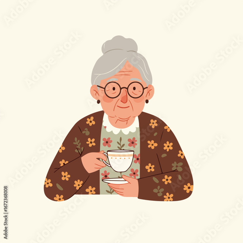 Elderly Woman Drinking Tea, Indoors