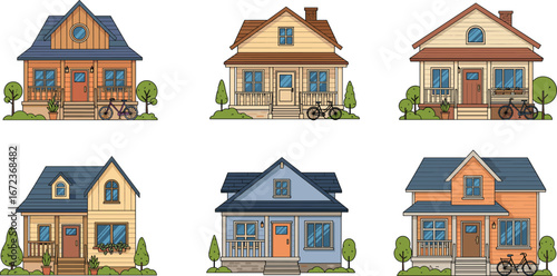Vector Illustration of Six Charming Small Houses with Porches, Trees, Bicycles, Windows, and Diverse Roof Styles for Residential Neighborhood Design