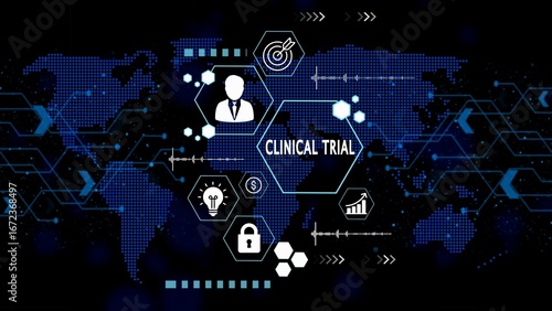 Digital graphic of clinical trial concept with world map and icons healthcare medical research