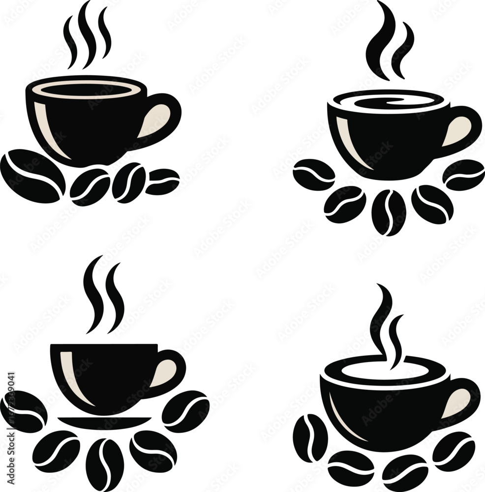 Obraz premium A set of hot coffee cup icons and a mug of cappuccino with a brown bean design
