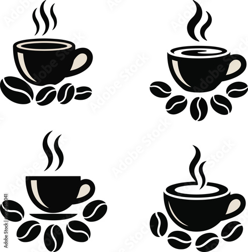 A set of hot coffee cup icons and a mug of cappuccino with a brown bean design