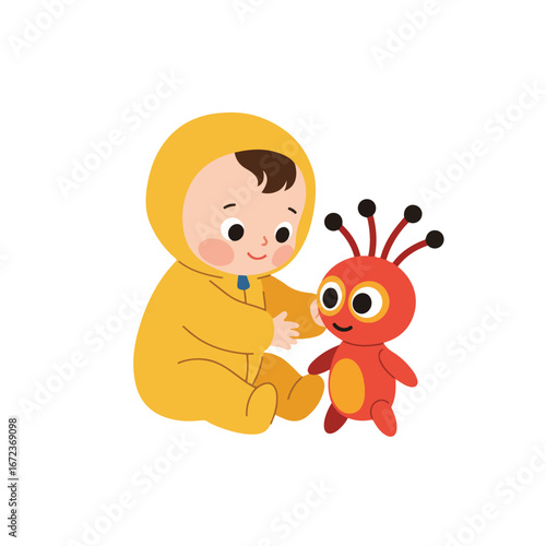 Baby Plays With Stuffed Bug Toy On White Background
