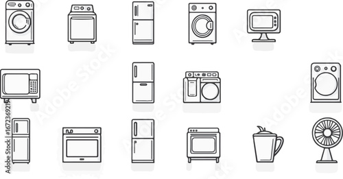 Silhouette icons of Household and appliances featuring washing machines, refrigerators, fans, and microwaves