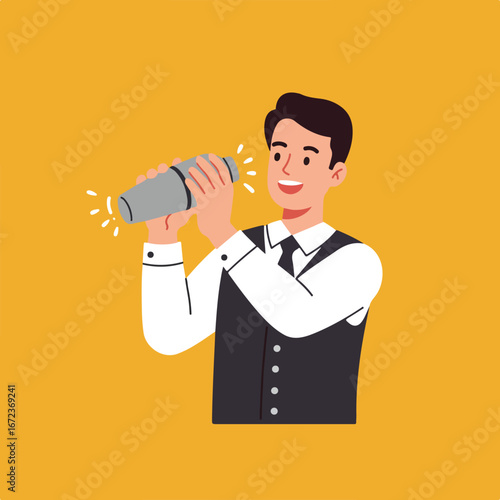 , keywords, and category for the image

 Bartender shaking cocktail vigorously at a bar, smiling on gold background