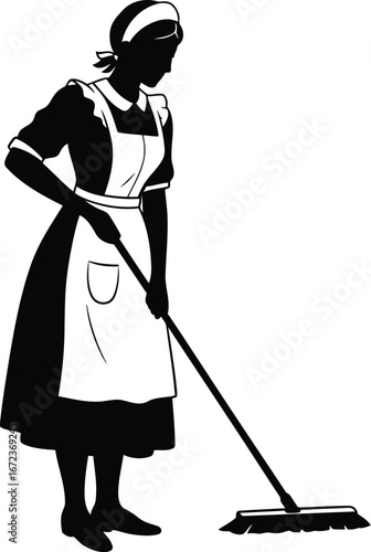 Vintage maid mopping floor elegant silhouette classic housekeeping service retro style domestic worker vector