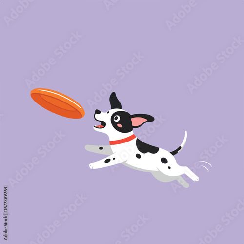 Dog Jumping for Flying Disc on Violet Background
