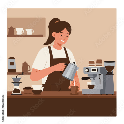 Barista Pours Milk into Coffee at a Counter