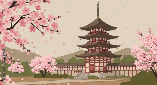 Viewing Pagoda Under Cherry Blossoms in Asia.