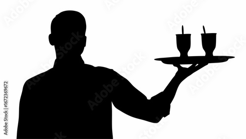 Silhouette of waiter holding tray with two drinks in glasses with spoons isolated on white background