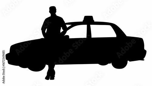 Silhouette of a taxi driver leaning on a taxi cab against a white background in a simple illustration