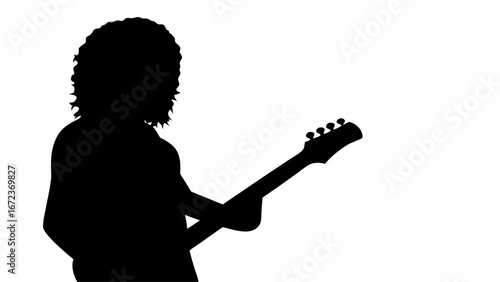 Silhouette of a person with curly hair playing an electric guitar against a white background image view