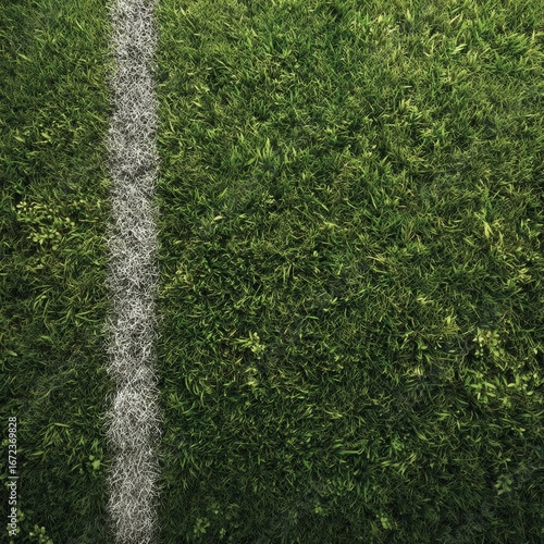 An aerial shot of the boundary line on a green grassy field. The image captures the texture of the grass and the contrast with the white line