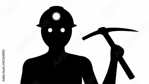 Silhouette of a miner wearing a helmet with a light and holding a pickaxe in their right hand
