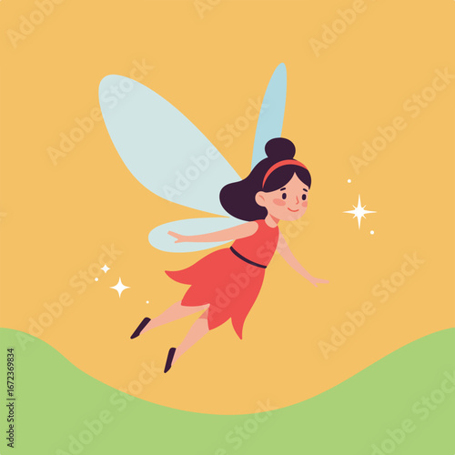 Fairy Flying Joyfully Over a Grassy Meadow in the Afternoon Sunlight