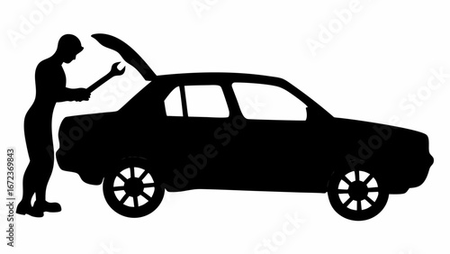 Silhouette of a mechanic holding a wrench next to a car with the trunk open for repairs and maintenance