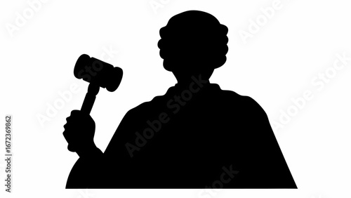 Silhouette of a judge holding a gavel in his hand wearing a wig and robe in a courtroom setting