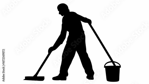 Silhouette of a person mopping the floor with a mop and a bucket in a cleaning activity scene depicted