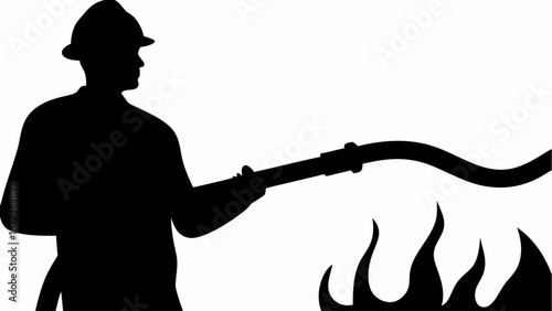 Silhouette of firefighter holding hose extinguishing flames with water on white background scene displayed