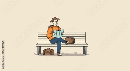 Tourist Reading Map on Bench in Park