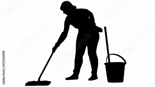 Silhouette of a woman mopping the floor with a bucket next to her in a minimalist black and white image