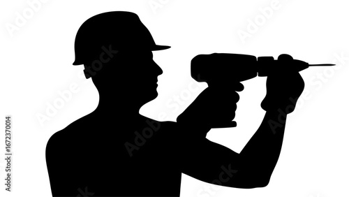 Silhouette of construction worker with hard hat using a drill in black and white illustration style