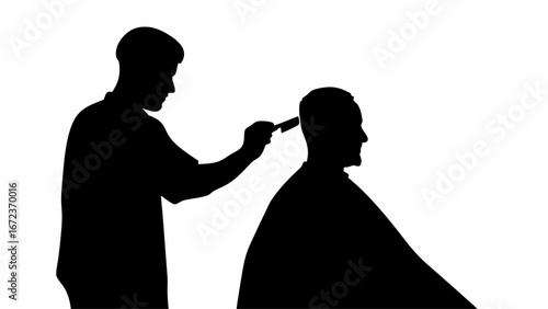 Silhouette of a barber cutting hair with comb and scissors in a barber shop on a white background scene