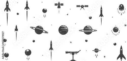 Silhouette set of Space technology and exploration icons featuring satellites, rockets, planets, and telescopes, sharp futuristic vector design	
