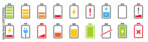 Battery icon set. Smartphone battery level indicator. Power, electricity, energy, charger, charge - stock vector.