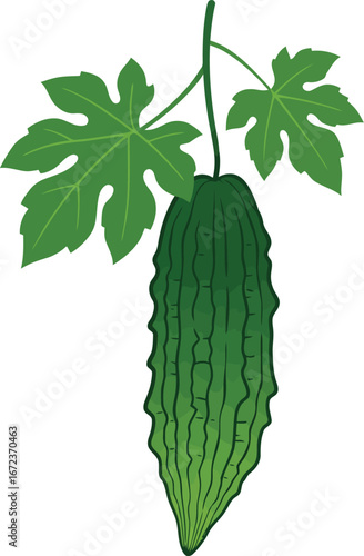 Fresh bitter gourd fruit hanging leafy vine green organic vegetable healthy food vector