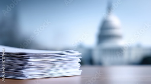 Tax Paperwork on Desk with Government Building in Background Under Soft Blue Focus