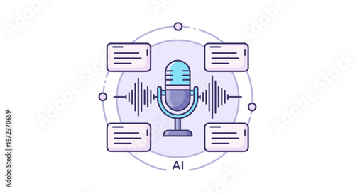 An illustration depicting artificial intelligence processing voice commands and converting audio into digital text data for advanced machine learning applications.