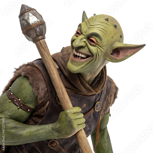 Smiling Goblin Figurine: Fantasy Creature with Club isolated on transparent background