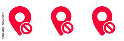 Three red location pin icons display a stop symbol, suggesting restrictions or no entry zones.