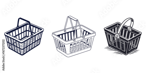 vector icon of an empty plastic shopping basket for market, store, or e-commerce, A simple vector set of picnic basket icons design, Plastic Shopping Basket With Black Handles In Isometric 3D Style.