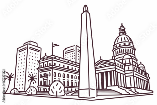 Buenos Aires skyline in linear sketch style, showcasing Obelisco, Casa Rosada, and Teatro Colón, modern flat illustration style.