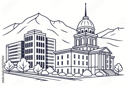 Carson City skyline in linear sketch style, featuring Nevada State Capitol, mountain views, and historic buildings, modern flat illustration style.