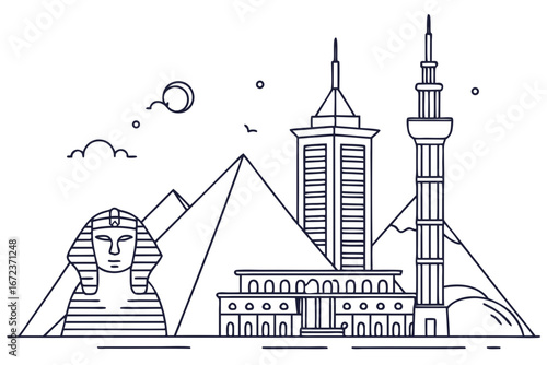 Cairo skyline in linear sketch style, highlighting the Pyramids of Giza, Sphinx, and modern city structures, modern flat illustration style.