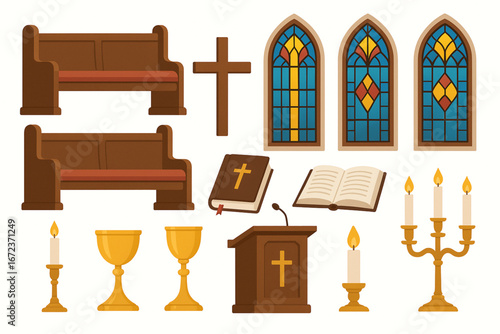 Flat Vector Illustration of Church Interior Elements with Religious Symbols