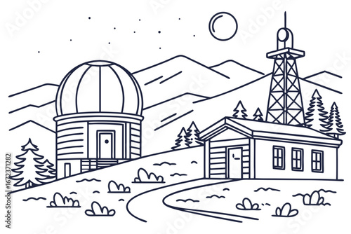 Flagstaff skyline in linear sketch style, highlighting Lowell Observatory, San Francisco Peaks, and rustic buildings, modern flat illustration style.