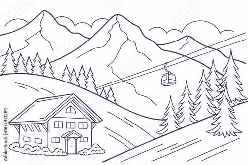 Aspen skyline in linear sketch style, featuring ski slopes, chalets, and alpine peaks, modern flat illustration style.