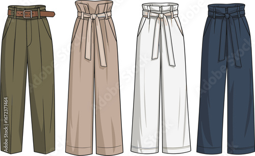 Set of wide-leg trousers technical drawings, paper bag waist pants flat sketch templates, fashion apparel design mockup, front view

.