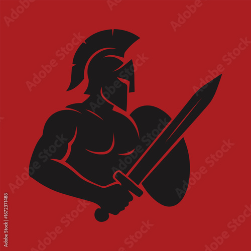 Powerful vector logo silhouette of a Spartan warrior in full armor holding a sword and shield. Ancient history and military concept